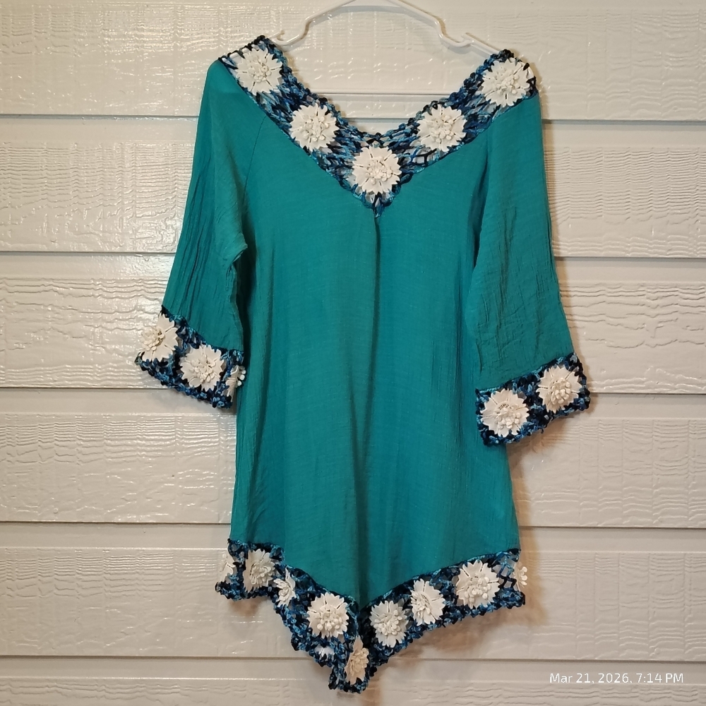 Women's M? Teal Gauzee Swim Tunic Boho Appliqué Cruise Wear Pool Beach Crochet